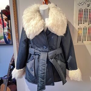 Vintage 1970s Faux Fur Navy Nylon Coat